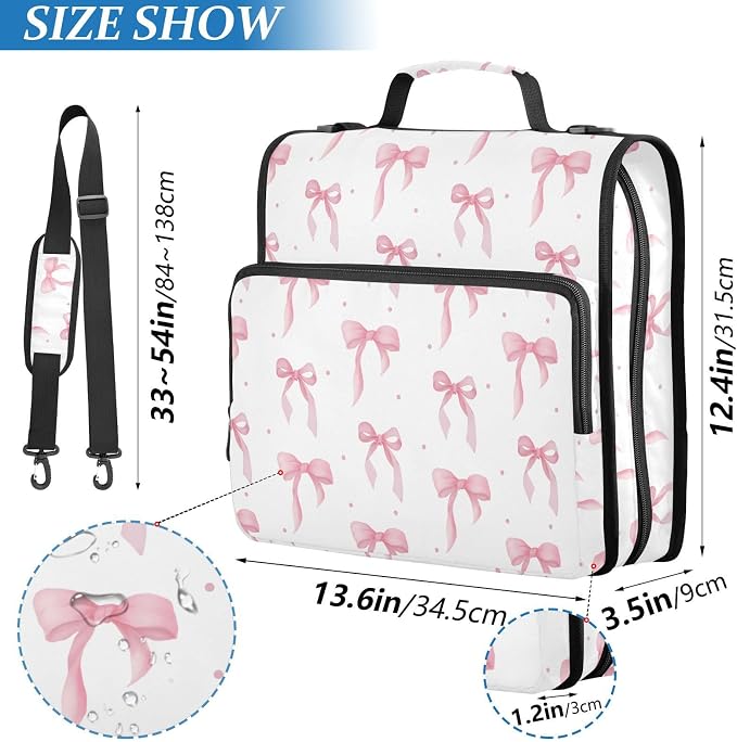 ALAZA Zipper Binder 3 Ring Cute Bow Pink Binder Organizer with Zipper and Shoulder Strap Large Capacity Multi-Pocket Trapper Keeper File Folder for Office Supplies