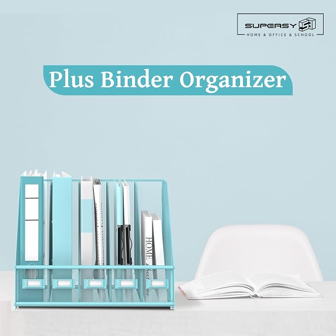 Desk Organizers Metal Desk Magazine File Holder with 5 Vertical Compartments Rack File Organizer for Office Desktop, Classroom, Home Workspace, Blue Plus