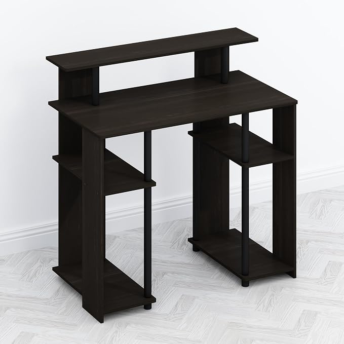 Furinno TOMI Desk, 35.3" Wide Gaming Desk with Hutch and Storage Shelves, with Monitor Stand, for Computer, Laptop, Writing, Office, Living Room, Bedroom, Walnut
