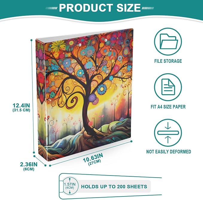 3 Ring Binder Abstract Tree 1.5" Round Ring Binders View Binder with 200 Sheet for Kids School Supplies Women Men Office, 1 Pack