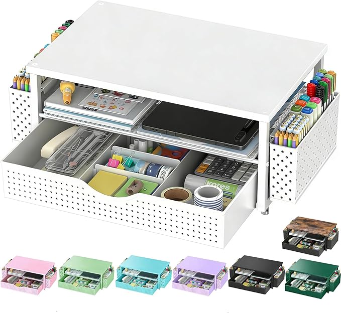 Spacrea Desk Organizer and Accessories, Computer Monitor Stand Riser with Drawer and 2 Pen Holders, Office Desk Accessories & Workspace Organizers for Office Supplies (White)