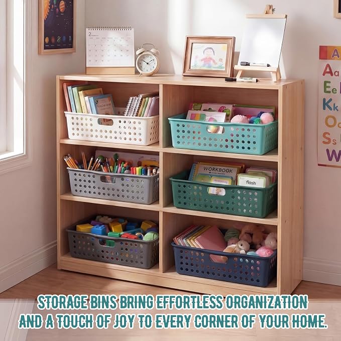 Geetery 6 Pack Classroom Storage Baskets with Handle,Morandi Color | 14''x10'' Paper Tray Holds A4 Turn in Trays Plastic Paper Baskets Desk Organizer Bin for Classroom, Library, Office, Home