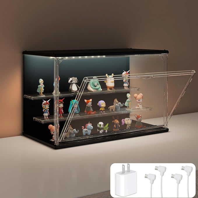 Clear Display Case for Collectibles, 3-Tier Adjustable Figure Display Case with LED Light, Stackable Acrylic Showcase with Magnetic Door for Jewelry,Collectibles (Black, 1 Pack-8.7" H)