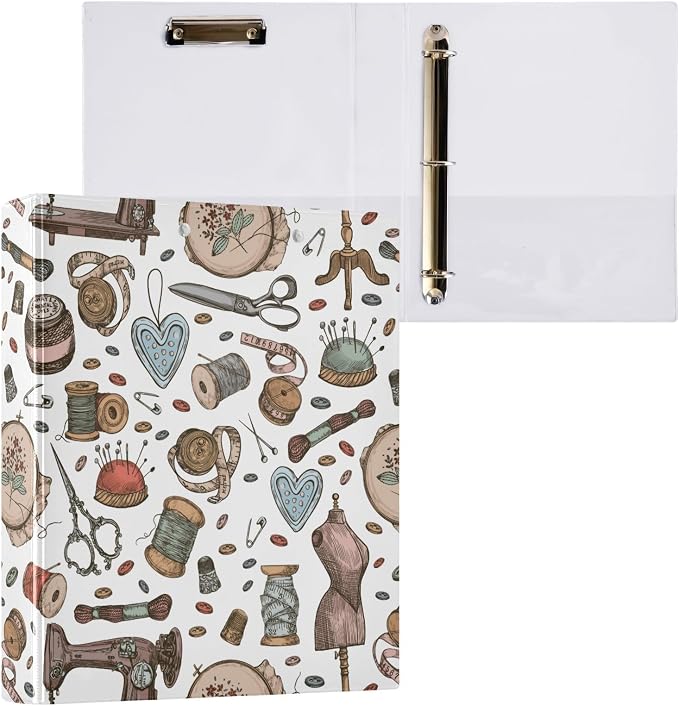 Hand Draw Retro Sewing Supplies Binder 1.5 Inch Binder with Clipboard&Pockets, Tailor Hardcover Binders 3 Ring, Heavy Duty Large File Folder for Office School Supplies - Holds 200 Sheets