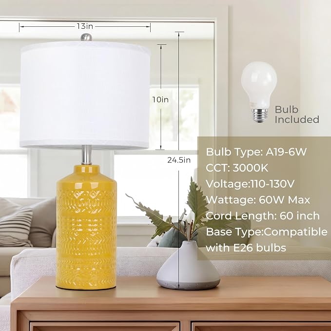 JUNNAI 25" Modern Bedside Ceramic Table Lamps for Living Room Mustard Yellow Nightstand 3-Way Dimmable Lamp Farmhouse Lamp for Bedroom Entryway Tabletop(Bulb Included)