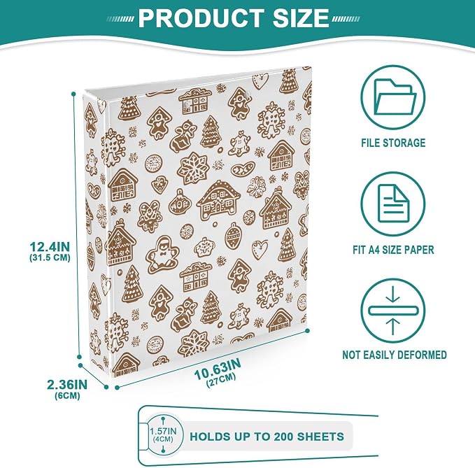 Winter Gingerbread Cookies Brown and White 3 Ring Binder 1.5" Decorative D-Ring Binder with Clipboard&3 Clear Pockets, Holds 200 Sheets A4 Size Paper Waterproof Binders for School Home Office