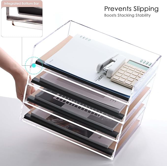 Acrylic Desk Organizer, Stackable Paper Organizer Letter Tray, 4-Tier | Clear Desk Organizers and Accessories, Office Supplies Organizer for Files, A4 Paper, Books, Mails, Office Classroom Home