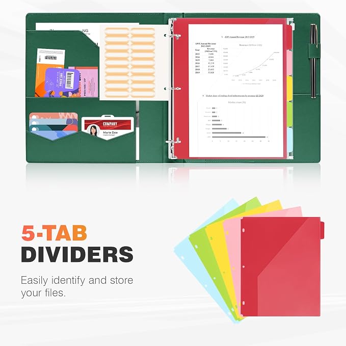 Eyrozill Professional Leather Binder Portfolio with Clipboard, Zipper Pouch, 5 Sheets Plastic Dividers，Professional 3 Ring Binders 8.5 x 11, 1-inch Round Rings, Green