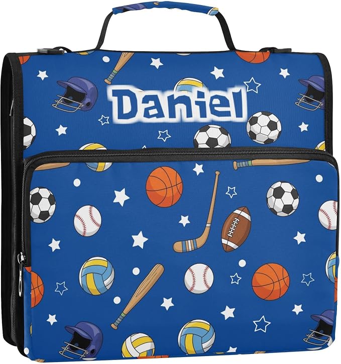 Custom Volleyball Blue Print 3 Ring Zipper Binder with Shoulder Strap & Handle 1.5 Inch D-Ring Zippered Bag with Multiple Pocket, Personalized Binder Organizer for School or Office