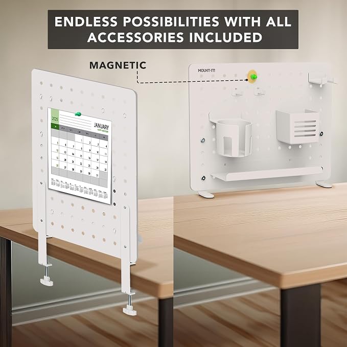 Mount-It! Clamp-On Desk Pegboard Organizer, White | Adaptable desk storage with shelf, cup holder & hooks for home office, gaming & crafting essentials.