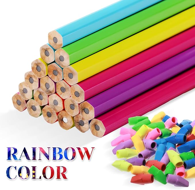 Gersoniel 24 Pack Rainbow No. 2 Pencils, HB Wooden Bulk with 48 Eraser Caps