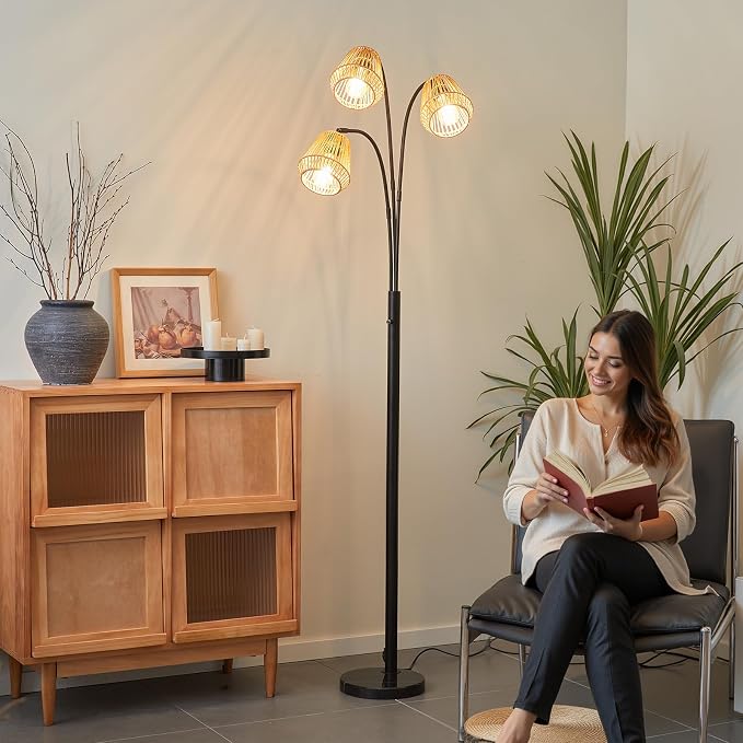 Rattan Floor Lamp for Living Room, 72'' 3-Light Boho Standing Lamp | Heavy Natural Marble Base, 1/2/3-Light Rotary Switch, Wicker Shades for Reading Corners Bedrooms