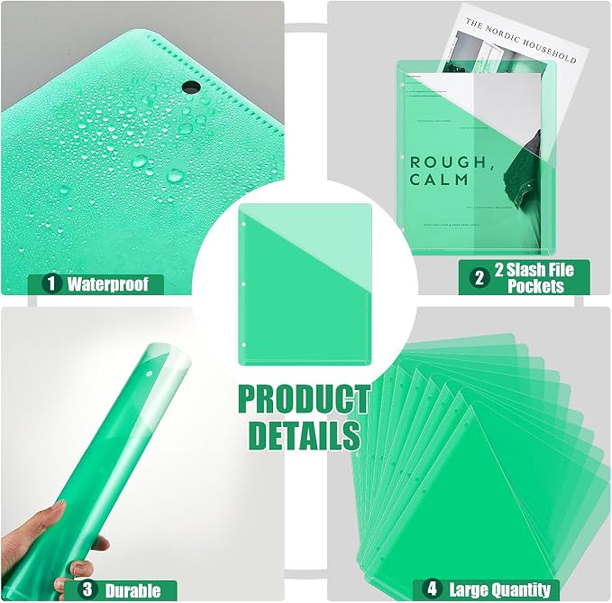 Seajan 100 Pcs Pocket Folders for 3 Ring Binder Clear Plastic Folders Sleeves with 2 Pockets 3 Hole Punch Binder Dividers Poly Slash File Jackets for Office School Document Organizer (Green)