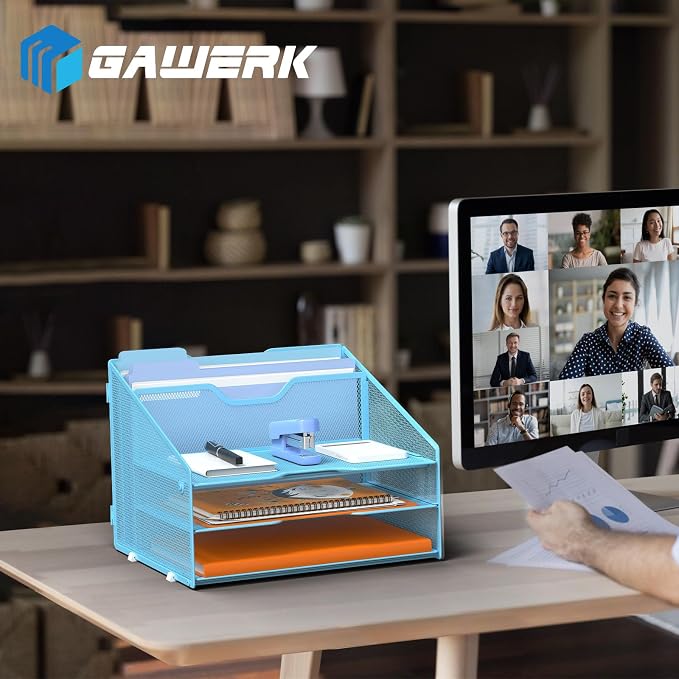 GAWERK Letter Tray Organizer, Mesh Desk File Organizer with 3 Paper Trays and 2 Vertical Upright Section (Blue)