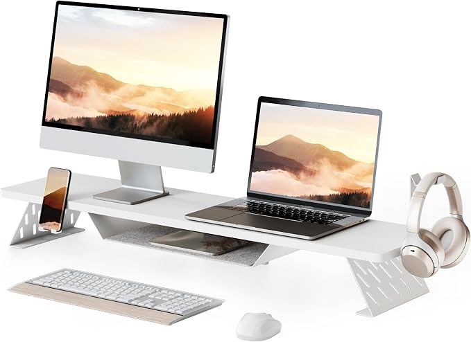 Fenge Dual Monitor Stand, Wooden Desk Shelf with Headphone & Phone Holder | 42.5" Monitor Riser with Storage Shelf, 2-Tier Monitor Shelf with Metal Leg for Home Office Organizer, White