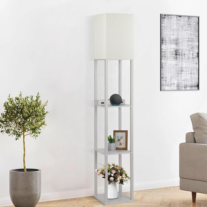 Shelf Floor Lamp with Wireless Charger, USB, Type C, AC Port, Grey | Fast Charging USB Ports & Type C Port & 2 Power Outlets, 3 Tier Storage Shelf Lamp, E26 Base, 60W Max(Bulb Not Included)