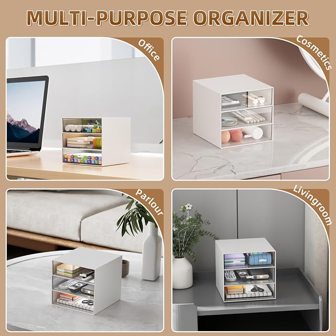 Marbrasse Desk Organizer with 4 Drawers，Office Organization, Clear Plastic Desk Organizers and Storage, Desktop Organizer for Office School Home (White-4 Drawers)