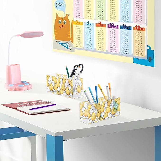 Yellow White Chicken Clear Acrylic Cutlery and Pen Organizer, Acrylic Plastic Pencil Holder Square 4 Compartments Large Capacity Acrylic Pencil Holder Desk Pencil Organizer