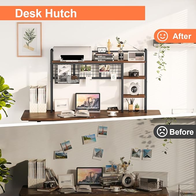 Snughome Desk Shelf, 44.9" Desktop Organizer Shelf, Desk Hutch for Computer Monitor, 4 Tier Desk Display Rack with Pegboard Hooks Set, Wood Desktop Bookshelf for Home Office Dorm