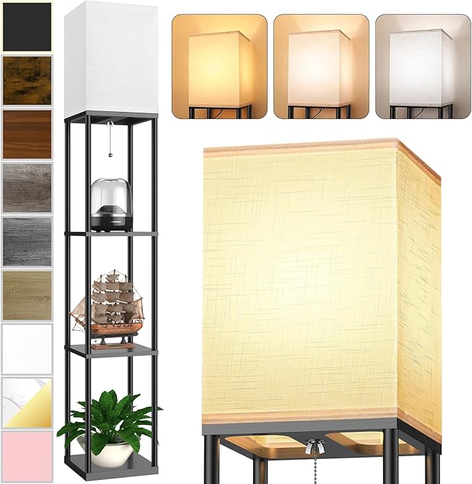 Floor Lamp with Shelves for Living Room, Shelf Floor Lamp with 3 CCT LED Bulb, Corner Display Standing Column Lamp Etagere Organizer Tower Nightstand with White Linen Shade for Bedroom, Office