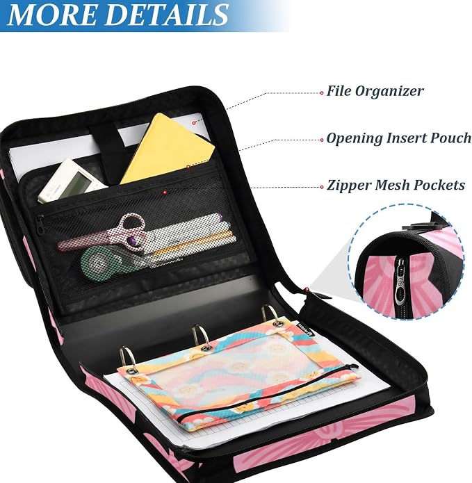 Pink Bow Black Zipper Binder Bag 3 Ring Binder with Shoulder Strap Zip Up 500 Sheets Capacity Multi Pockets for School Office Supplies