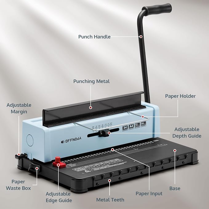 OFFNOVA Wire Binding Machine, 34 - Square Punch Holes, 3:1 Pitch, Punch 12 Sheets Bind 120 Sheets, Book Binder with Adjustable Side Margin, Easy to Punch for Letter Size / A4 / A5