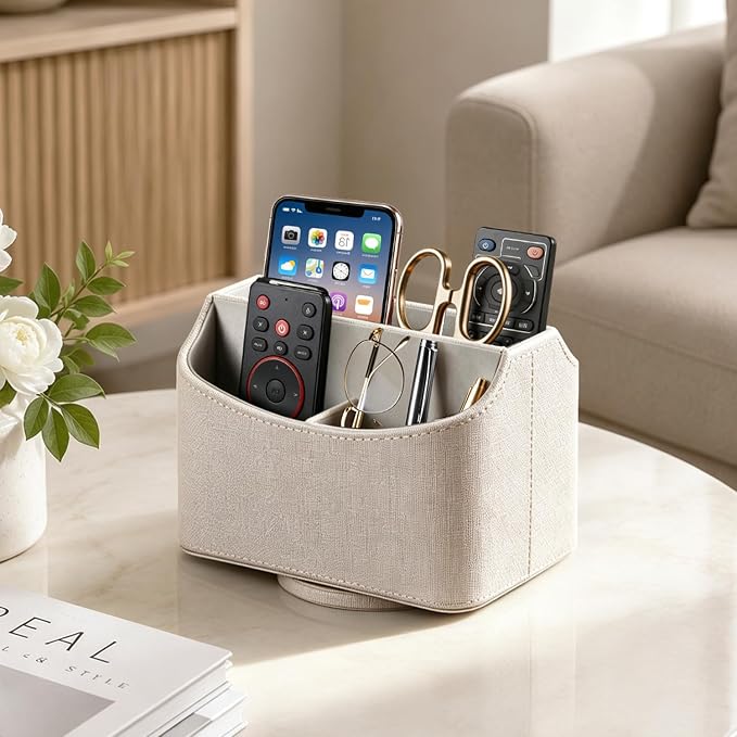YAPISHI Gold flower pattern Leather Remote Control Holder,360 Degree Spinning Desk TV Remote Caddy/Box,nightstand Organizer for Controller,Media,Cosmetic, Mobile Phone, Pen/Pencil Stationery Storage | PU Leather Decor Aesthtic Swivel Bedside Table Desk...