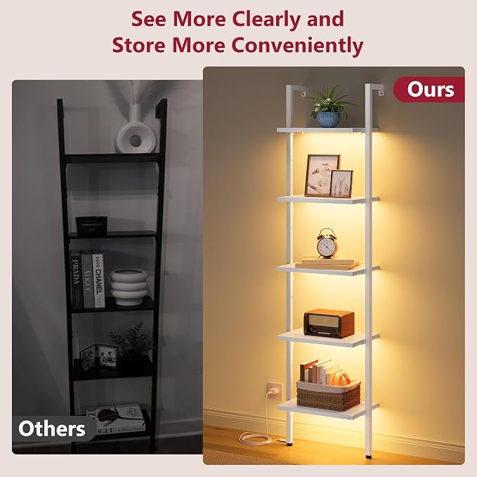5 Tier Ladder Bookshelf with Light, Wall Mount Ladder Shelf White | Narrow Ladder Bookshelf with Storage, Thin Ladder Bookshelf with Metal Frame Ladder Shelf for Living Room, Bedroom, Office