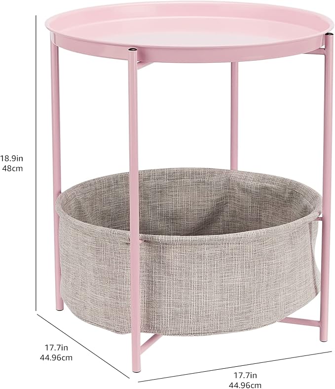 Amazon Basics Round End Table with Storage Bin, Easy Assembly, Bedroom Accent Table, 17.7" D x 17.7" W x 18.9" H, Dusty Pink | Side Table
