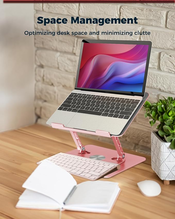 Aoviho 360° Rotating Laptop Stand for Desk | Adjustable, Foldable, Portable Aluminum Ergonomic Riser | Compatible with MacBook, Dell, HP & All Laptops 10-16 inch | Rose Gold
