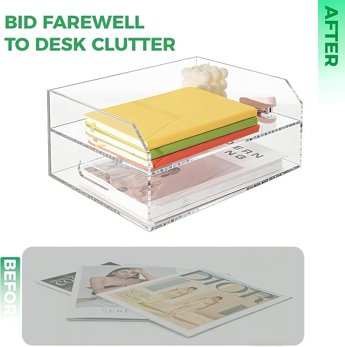 Paper Tray Organizer for Desk, 2 Tier Acrylic Desk Organizers and Accessories, One-Piece Integrated A4 Paper Organizer with Handles, Crystal-Clear Letter Tray & Compact Office File Holder