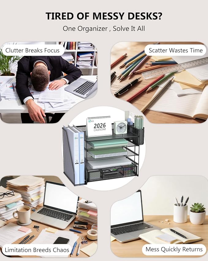 WALI Desk File Organizer, 5 Tier Desktop Paper Letter Tray Organizer with Drawer and 2 Pen Holders, Office Desk Accessories & Workspace Organizers for Office, Home Supplies(DO006DH-B), 1 Pack, Black