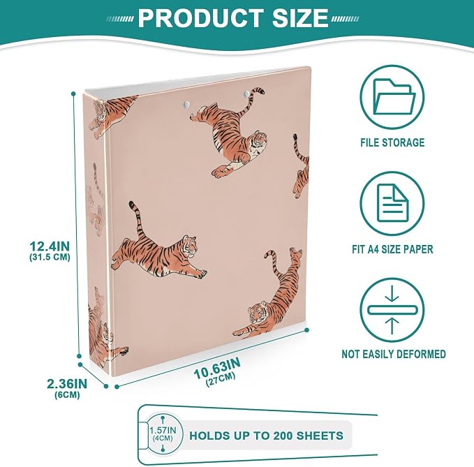 3 Ring Binder with Cute Tiger Design - 1.5 Inch Heavy Duty Three-Ring Binder with 2 Pockets, Round Rings for Office Supplies (Letter Size)