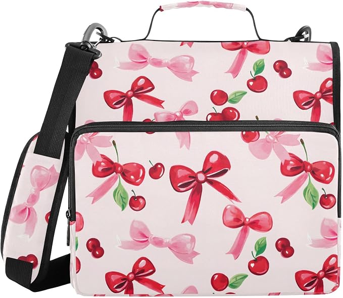 Cherries Red Bows Zipper Binder 3 Ring with Handle and Shoulder Strap, 500 Sheet Binder Organizer Capacity & Multi-Pockets for School Office