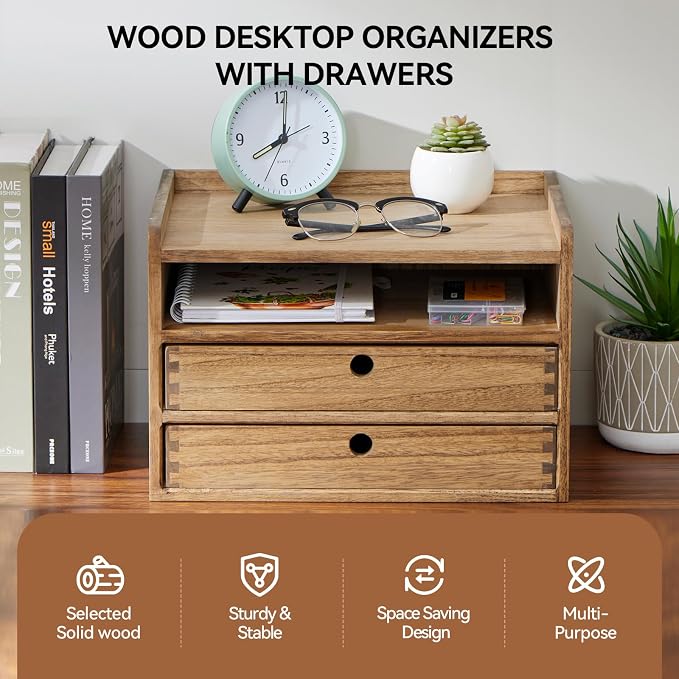KIRIGEN Wooden Desk Organizer with 2 Drawers and Top Tray, Brown 3D2C-DBR | Three-Tier Desktop Storage Cabinet Stores Papers, Office Supplies, Cosmetics, Crafts, and Small Accessories for Home Office