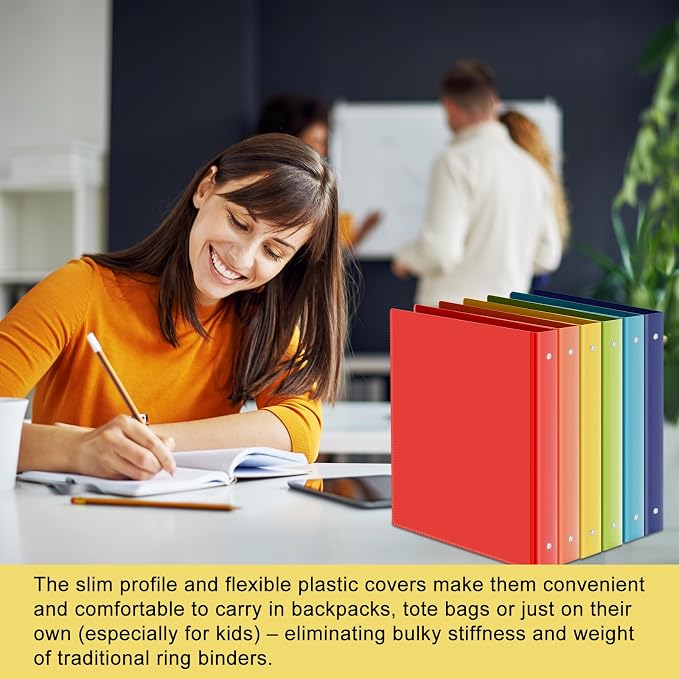 Fulmoon 6 Pack 2 Inch Plastic 3 Ring Binders with Pockets, Rainbow Colors | Flexible Covers with Round Rings and Front Pockets for Organizing Papers at School, Office, Meetings and Presentations