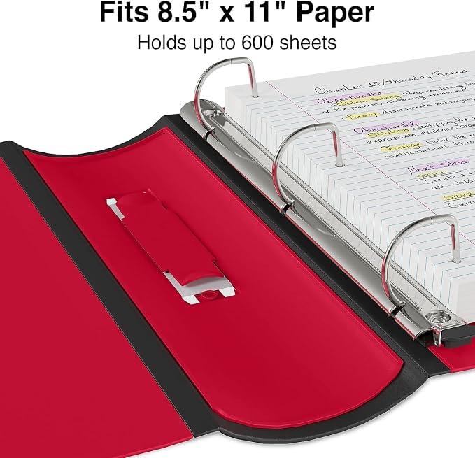 Staples Heavy-Duty 3-Inch D-Ring Binder, Red, Vinyl Cover, 600 Sheets | Large-capacity 3-ring binder for school and office document storage.