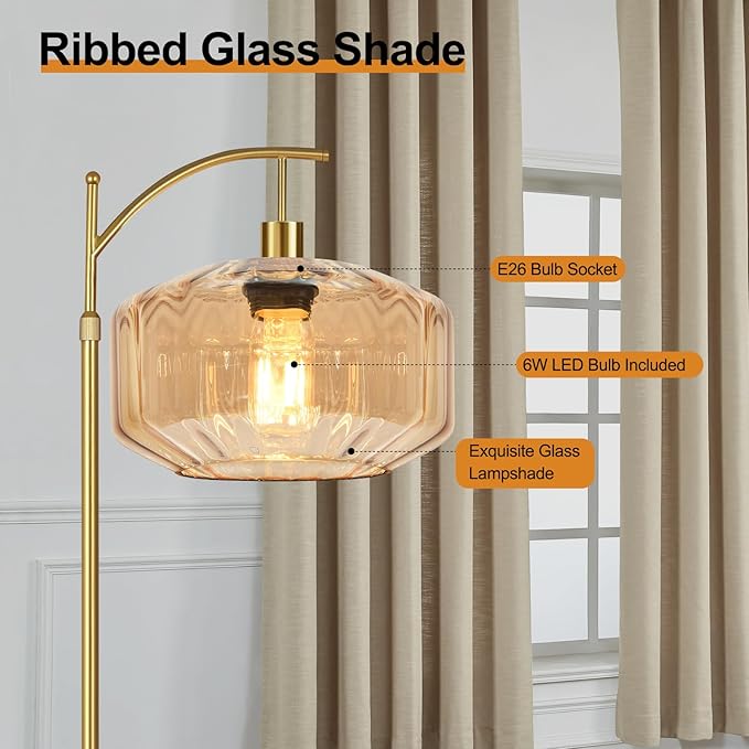 Vintage Floor Lamps for Living Room Glass Floor Lamp with Remote Control,Dimmable Floor Lamp Gold Mid Century Modern Standing Lamp 3 Color Temperature Brass Tall Floor Lamps for Bedroom Corner