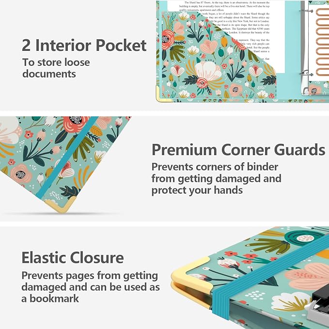 3 Ring Binder 1 Inch, Cute Round Ring Binders with 6 Tab Dividers, Labels Stickers, Low Profile Clipboard with Storage, Fashion Binder School Office Supplies(Green Floral)