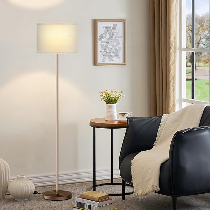 60'' Modern Floor Lamp with Shade, Tall Lamps for Living Room, Bedroom, Office, Dining Room, Beige Shade with Brown Pole(Without Bulb)