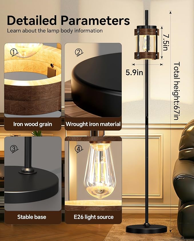 67" Industrial Floor Lamp with Wood & Black Metal Shade, Modern Standing Lamp, Rustic Farmhouse Tall Lamp for Living Room Bedroom Office, 2700K Bulb & Foot Switch Included (Black+ Wood-FL-2522)