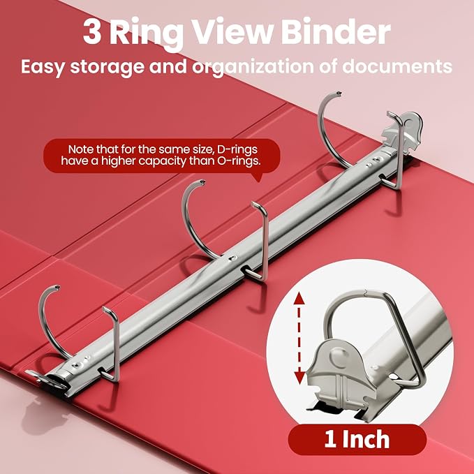 SUNEE 3 Ring Binder 1 Inch D Ring, Clear View Binder Three Ring PVC-Free (Fit 8.5x11 Inches) for School or Office Supplies, Dark Red, 1 Pack
