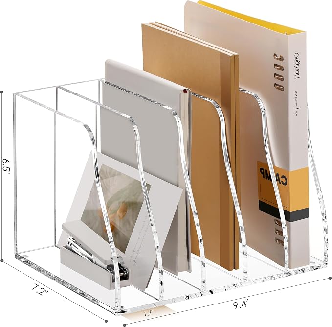 SANRUI Acrylic Magazine File Holder Desk Organizer, Clear 5 Compartments | Workspace Document Sorter, Vertical Folder Rack Binder for Office Home Classroom Tablet, Books & Accessories Storage