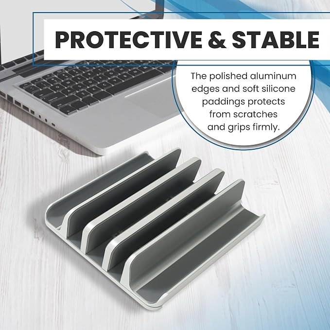 5- Slot Vertical Laptop Stand - Aluminum Laptop Stand Vertical for Desk - Fits MacBook Pro/Air, Surface, Mobiles & Gaming Laptops up to 17.3" - Heavy Duty Laptop Holder for Desk - (Silver)