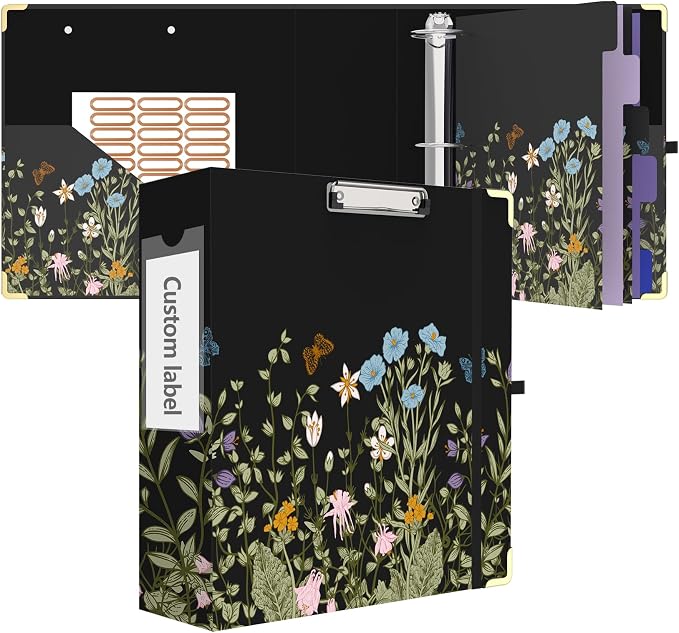 3 Ring Binder 3 Inch Round Ring Binder with 6 Tab Dividers，2 Interior Pockets，Cute Binder Clipboard with Storage, for School Office, Portfolio Organizer with Labels(Wild Flowers)