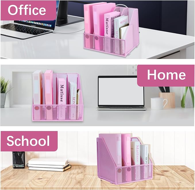 Desk Organizers, Metal Magazine File Holder with 4 Vertical Compartments Rack Binder File Organizer for Office Supplies, Home Workspace - Pink