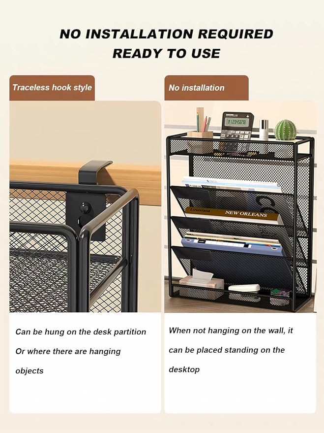 5 Tier Mesh Wall File Organizer,3 Pockets vertical Mount Hanging Organizer with Top/Bottom Tray | 2 Hooks | Wall Mount & Door Hanging for Office Home