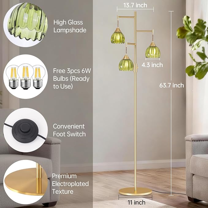 Shenmoyl Stepless Dimming Floor Lamps for Living Room, Bedroom, Gold Standing Lamp with 3pcs 6W Bulbs, Vintage Brass Floor Lamp for Corner, Nursery (Green Tulip)