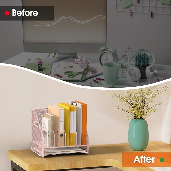 4 Vertical Mesh Desk Organizer with Paper Letter Tray, Pink | Sorting racks with lower letter tray section. Multipurpose mesh desktop space saver for home office and school
