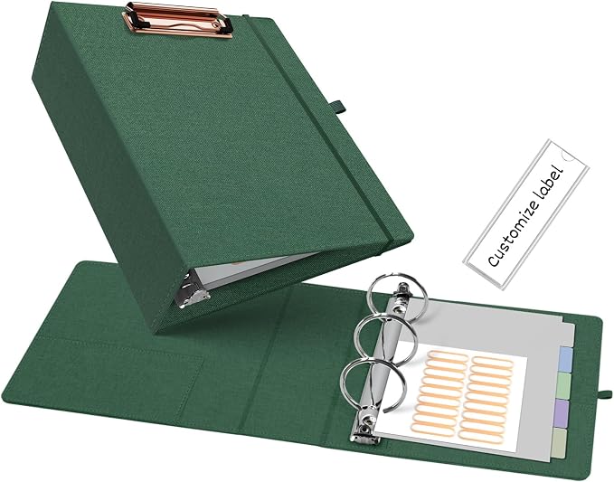Ospelelf Mini 3 Ring Green Binder 2 inch, 5.5 x 8.5 Small Clipboard Binders Dividers with Tabs, Linen Binder Organizer for Office, School